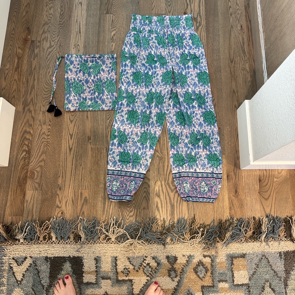 Smocked Waist Green Floral women’s Pants with Matching Pouch